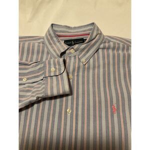 Ralph Lauren Classic Long Sleeve Button-Down Blue‎ Pink Stripe Shirt Men's XL